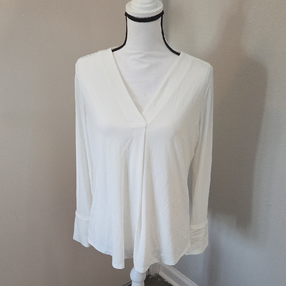 White House Black Market White V-Neck Blouse